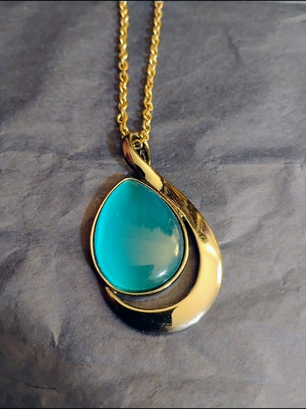 Silvertone Teardrop Pendant Necklace with Aqua Blue Stone